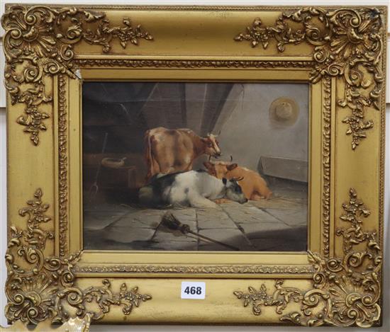 Manner of Aelbert Cuyp, stable interior with cattle, oil on canvas, in gilt frame, 22 x 29.5cm